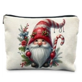 Detailed view of linen Christmas gnome makeup bag with festive watercolor print and black zipper - Gnome with Candy Cane Red White Hat Style (TSND58-13)