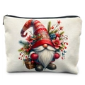 Close-up of winter watercolor Christmas gnome illustration on a cream linen cosmetic bag - Gnome with Basket Style (TSND58-12)