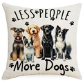 Detail of white cotton linen cushion cover featuring five dog breeds and quote - Five Dogs Gathering Illustration (DYM390-8) / 45*45cm Linen Single-Sided No Insert