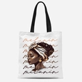 Sac fourre-tout en toile blanche avec anses noires et motif imprimé Melanin - Profil de Côté avec Fond Melanin (TFBD36-2) / 33*39cm