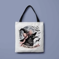 White canvas tote bag featuring a Halloween crow and 'HALLOWEEN VIBES' print design - Halloween Vibes Raven (FBDT01-11)