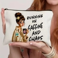 Canvas makeup bag with 'Running on Caffeine and Chaos' print and cartoon illustration - Coffee And Chaos Illustration With Quote (TSND46-9) / 21.5*15cm