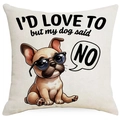 Detail showing high-quality linen texture and funny French Bulldog print on pillowcase - Sunglasses Frenchie Bubble Illustration (DYM390-6) / 45*45cm Linen Single-Sided No Insert