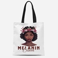 Sac fourre-tout en toile blanche avec imprimé Melanin Queen et anses noires - Style Couronne de Fleurs (TFBD36-3) / 33*39cm