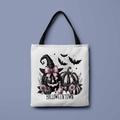 White Halloween canvas tote bag with skeleton and pumpkin print and black handles - Halloween Town Pumpkin (FBDT01-12)