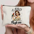 Detail showing vintage girl and parrot print on beige canvas makeup bag texture - Sarcasm Talent Illustration With Quote (TSND56-6) / 21.5*15cm