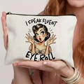 Detailed close-up of ivory canvas makeup bag with retro girl eye roll print and zipper - Eye Roll Illustration With Quote (TSND56-4) / 21.5*15cm