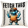 Detail of funny blue dog pillow cover with Fetch This text and checkered pattern - Blue Funny Dog Illustration (DYM390-1) / 45*45cm Linen Single-Sided No Insert