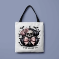 White canvas Halloween tote bag with skull and witch pot print, in my spooky era - Spooky Era Illustration (FBDT01-15)