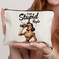 Close-up of canvas makeup bag with vintage illustration and sarcastic quote print - Seeing Through Stupidity Illustration With Quote (TSND56-3) / 21.5*15cm