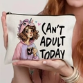 Detail of canvas pouch with retro girl print and Can't Adult Today text - Lazy Girl Illustration With Quote (TSND56-1) / 21.5*15cm