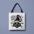 White canvas tote bag featuring graveyard smash print with skull and bat illustrations - Graveyard Smash Gramophone (FBDT01-16)