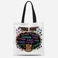 Sac fourre-tout en toile blanche avec imprimé femme noire et textes inspirants colorés - Coiffure avec Mots Inspirants (TFBD36-18) / 33*39cm
