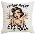 Detail of linen texture pillowcase with vintage pop art girl and eye roll quote - Vintage Woman Eye Roll Style (DYM388-4) / 45x45CM Single Sided Linen