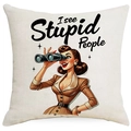 Retro girl print cushion cover with I See Stupid People quote on beige linen fabric - Vintage Woman With Binoculars Style (DYM388-3) / 45x45CM Single Sided Linen