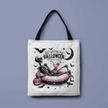 White canvas Halloween tote bag featuring a skull print and black handles for women - Waiting for Halloween Skeleton (FBDT01-17)