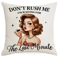 Retro girl illustration pillowcase with funny quote on beige linen cushion cover - Vintage Woman Putting On Lipstick Style (DYM388-2) / 45x45CM Single Sided Linen