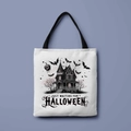 White Halloween canvas tote bag with haunted house print and black handles - Ghost House Waiting (FBDT01-18)