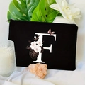 Black velvet makeup bag with floral letter F print and top zipper closure - 21.5x15cm / Letter F (TSND30-F)