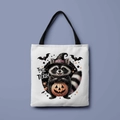White canvas tote bag with raccoon witch print and Trick or Trash text - Raccoon Witch Style (FBDT01-21)