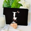 Floral letter I printed black makeup bag with elegant zipper closure and stylish design - 21.5x15cm / Letter I (TSND30-I)