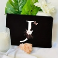 Black cosmetic bag with letter J floral print and gold zipper for makeup storage - 21.5x15cm / Letter J (TSND30-J)