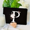 Black velvet makeup bag with floral letter P print and gold zipper closure - 21.5x15cm / Letter P (TSND30-P)