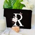 Black canvas cosmetic bag featuring a floral letter R print and pink butterfly design - 21.5x15cm / Letter R (TSND30-R)