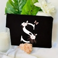 Black cosmetic bag with floral letter S print and gold zipper on white silk background - 21.5x15cm / Letter S (TSND30-S)