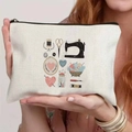 Vintage sewing themed canvas cosmetic bag with retro print held by hand - Handmade Sewing Illustration (TSND49-7) / 21.5*15cm