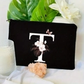 Floral letter T black canvas makeup bag with zipper and pink butterfly print detail - 21.5x15cm / Letter T (TSND30-T)