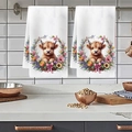 Detail of hanging kitchen towels featuring highland cow and floral print on white tiles - Purple Wreath Surrounded Cow Style (MJBT78-21) / Standard Large