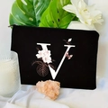 Custom black canvas makeup bag featuring floral letter V print with golden zipper - 21.5x15cm / Letter V (TSND30-V)