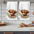 Close-up of floral highland cow print on soft white kitchen towel in a modern setting - Painted Wreath Warm Cow Style (MJBT78-20) / Standard Large