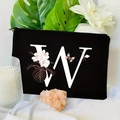 Black velvet cosmetic bag with zipper and floral alphabet 'W' print on white fabric - 21.5x15cm / Letter W (TSND30-W)