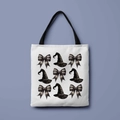 White canvas tote bag with black witch hat and striped bow print for Halloween - Witch Hat Striped Bow (FBDT01-30)