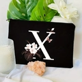 Elegant black velvet cosmetic bag with floral letter X print and metal zipper - 21.5x15cm / Letter X (TSND30-X)