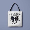 White Spooky Mama canvas tote bag with black bow and bat prints for Halloween - Spooky Mama Style (FBDT01-31)