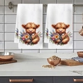 Kitchen hanging towels set with highland cow flower print on white fabric - Tie And Bouquet Cute Cow Style (MJBT78-11) / Standard Large