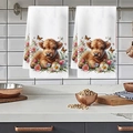 Set of two kitchen towels featuring Highland cow and floral prints on a white background - Pink Flower And Butterfly Cow Style (MJBT78-8) / Standard Large
