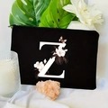 Black velvet makeup bag with floral letter Z print and top metal zipper closure - 21.5x15cm / Letter Z (TSND30-Z)
