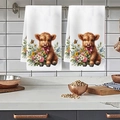 Detail of two white microfiber kitchen towels with floral highland cow print on a wall rack - Red Bow Tie Brown Cow Style (MJBT78-18) / Standard Large