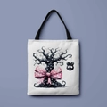 White Halloween canvas tote bag with spooky cute skull and black tree graphic print - Polka Dot Dead Tree Skeleton (FBDT01-33)