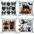 Juego de cuatro fundas de cojín de Halloween con fantasmas, calabazas y murciélagos en blanco - Calabaza Fantasma Clásica (TDLD97-1)