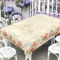 Detail of 3D rose embroidery and delicate lace edge on a champagne floral tablecloth - Brushed Fabric / 3D Flower Style (ZB697-10)