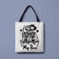White canvas tote bag with black handles featuring skeleton hug and My Boo print - My Boo Skeleton (FBDT01-39)