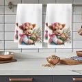 Kitchen towels with highland cow floral prints hanging on a rod in a bright kitchen - Pink Bow Holding Flowers Style (MJBT78-12) / Standard Large