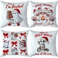 Set of four white Halloween pillow covers featuring cartoon ghosts and spooky book club designs - Reading Ghost (TDLD97-5)