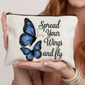 Canvas makeup bag with blue butterfly print and Spread Your Wings motivational quote - Blue Double Butterfly Inspirational Phrase Style (TSND59-8)