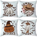 Set of four Western Halloween pillow covers with ghost and pumpkin cowboy graphics - Cowboy Style Ghost (TDLD97-6)